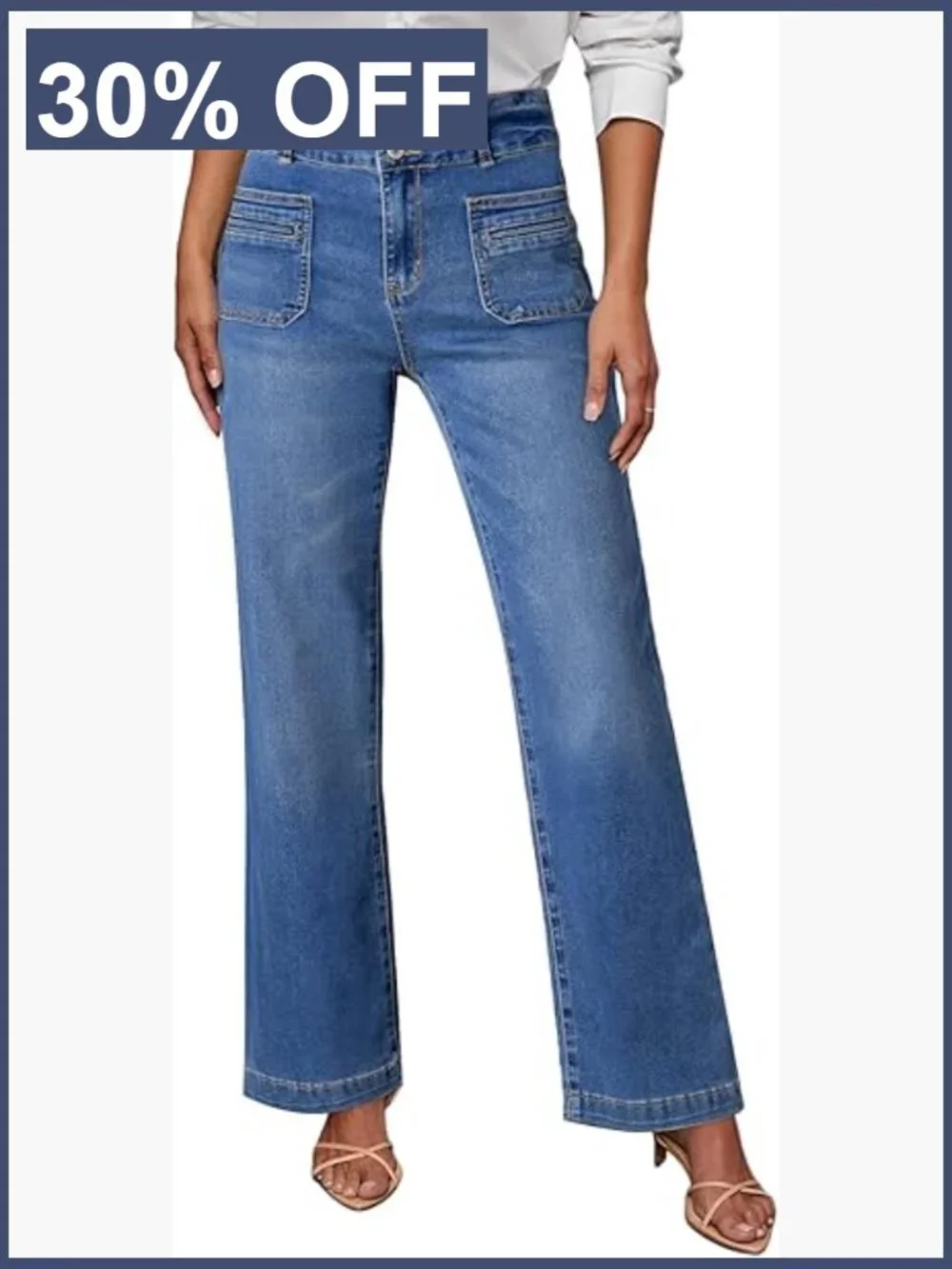 High Waisted Tummy Control Wide Leg Jeans Stretchy Pockets Straight Leg